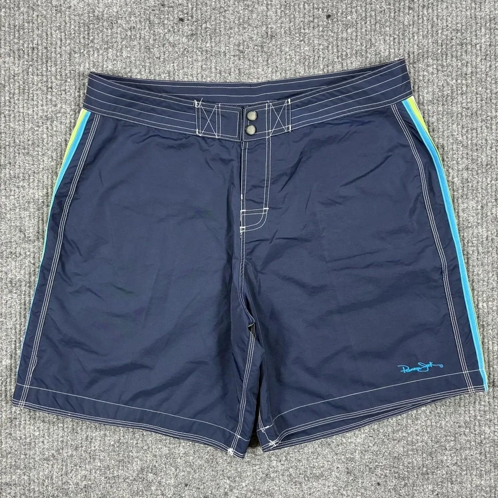 Panama Jack Board Shorts Mens 38 Blue Striped Swim Trunks Back Pocket Beach